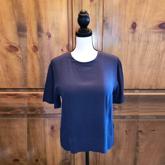 Casual Corner Silk Short Sleeve Blouse, Navy - Picture 11 of 11